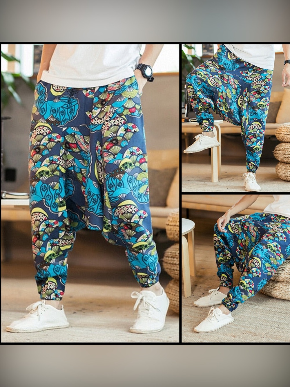 Men’s Harem Pants Size L Boho Graphic Artistic Aladdin Drop Crotch Y2K Joggers